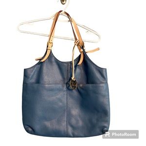 Michael Kors Blue Large Leather Tote Hobo Contrasting Trim 16.5"